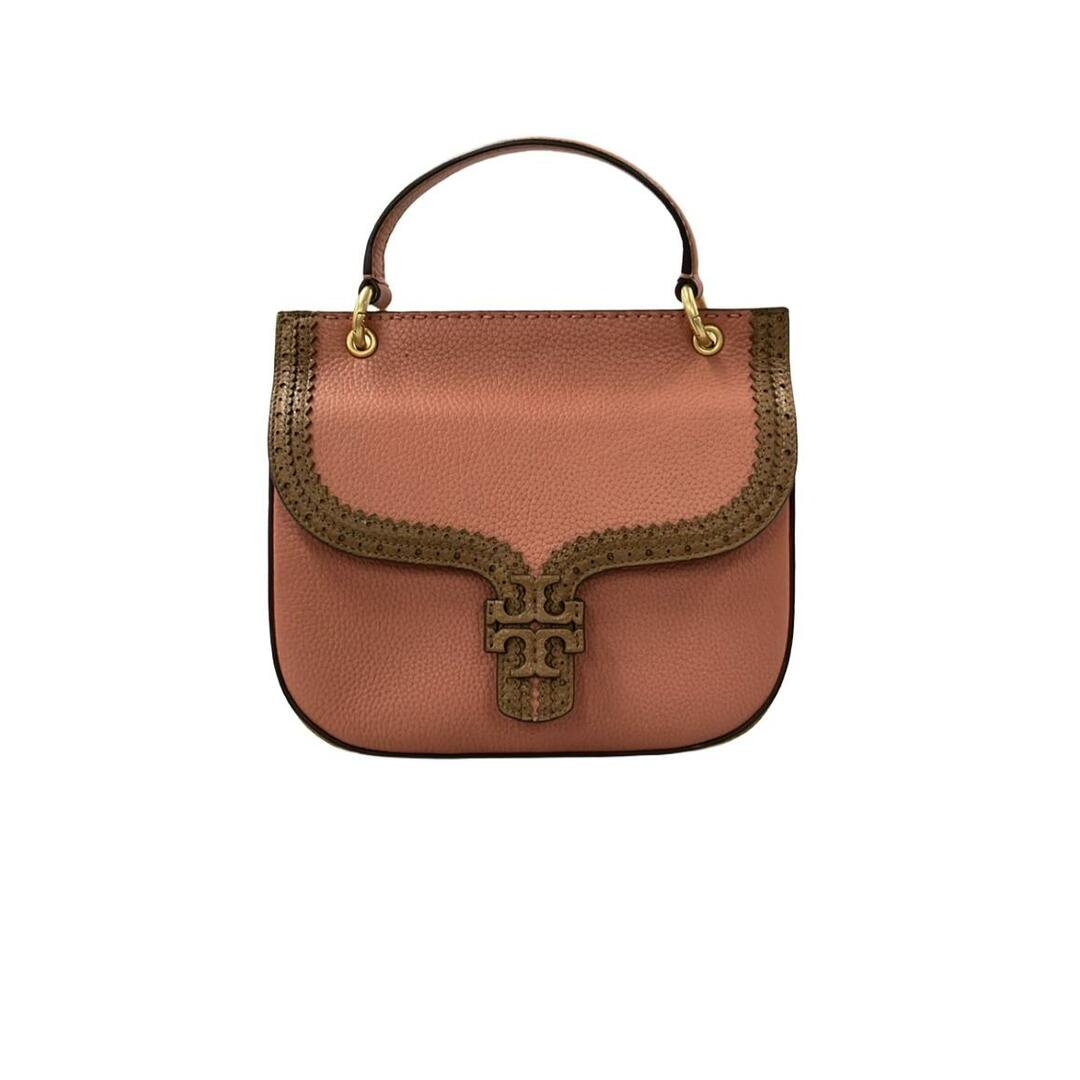 Front view of the rose leather bag with laser-cut brown trim