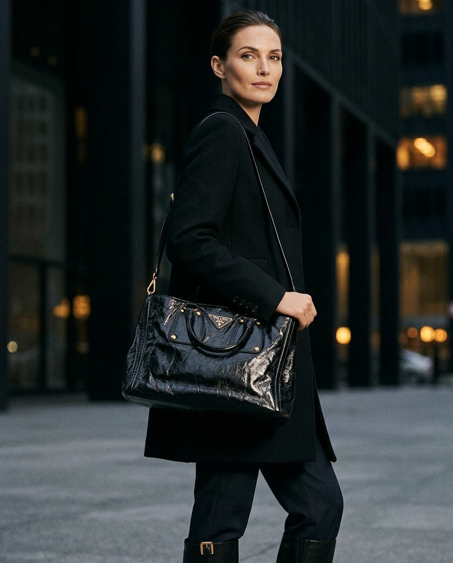 Model in a black coat wearing a black leather evening bag on the shoulder