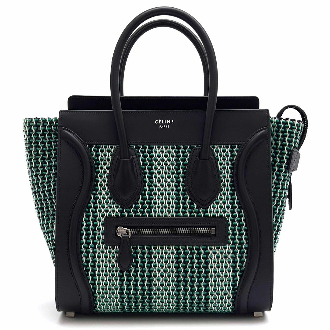 Front view of the woven emerald and black tote