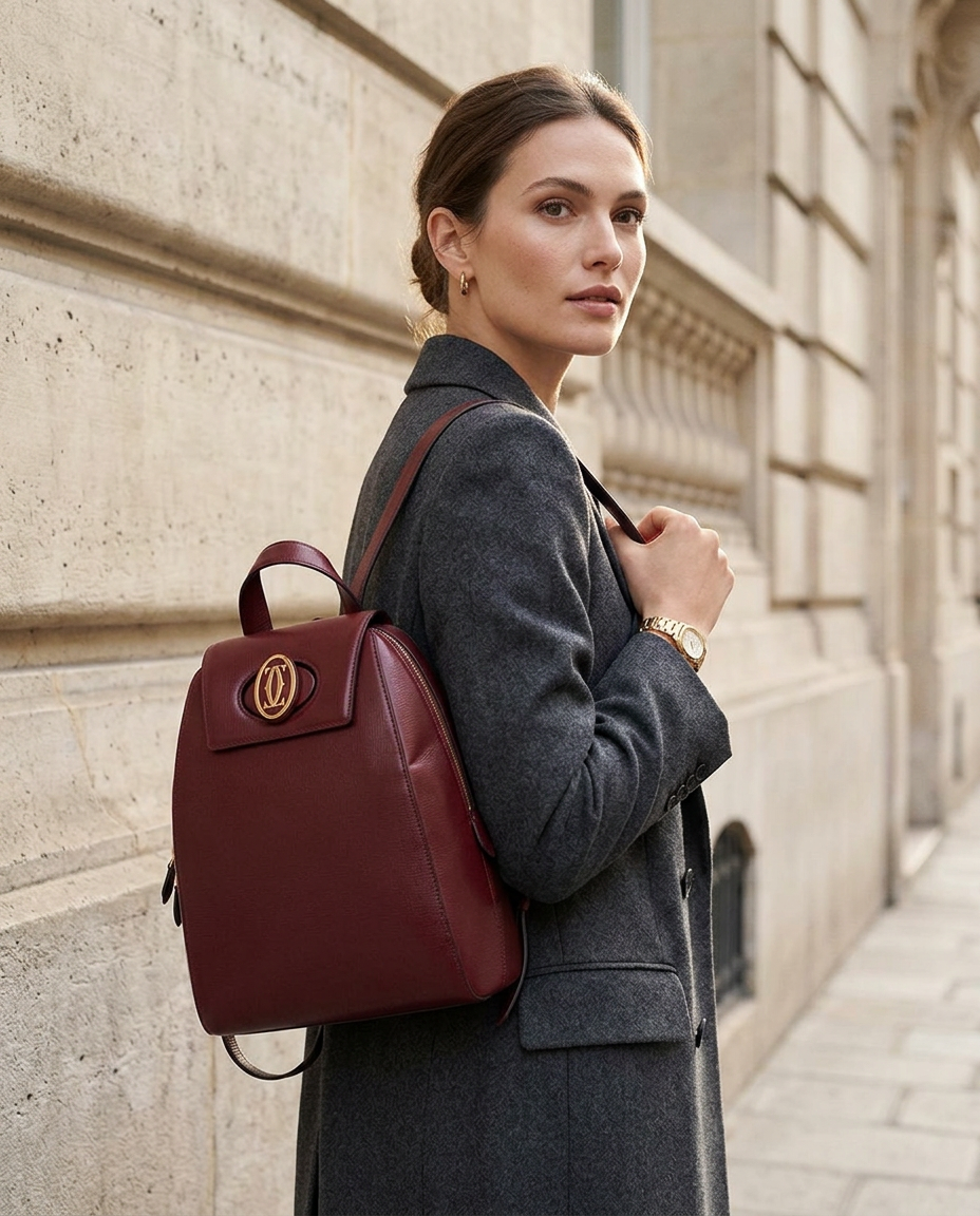 Model in a grey coat wearing the bordeaux leather backpack
