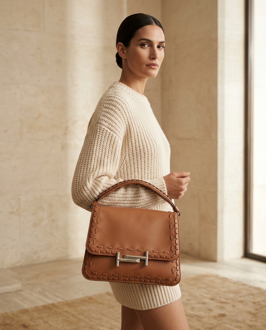 Model in a cream knit holding the tan whipstitched leather flap bag