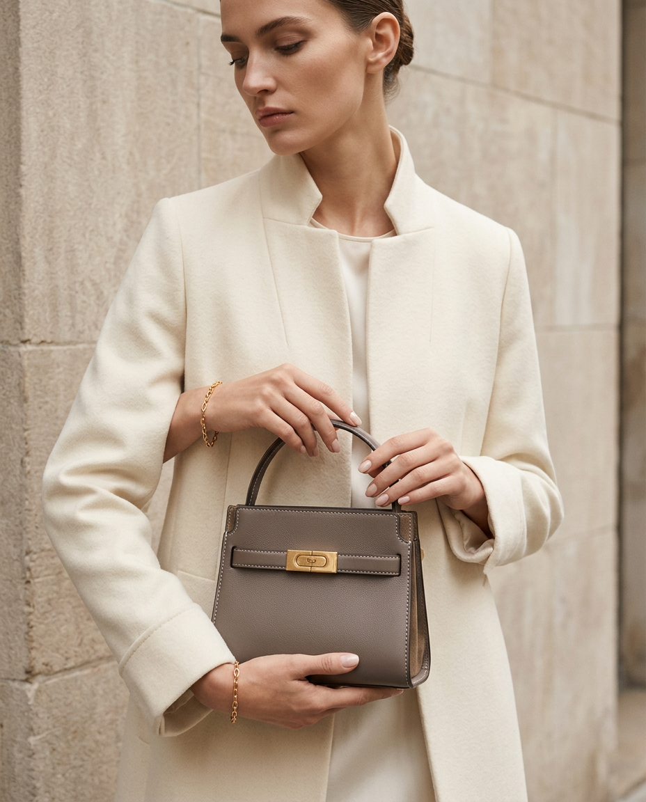 Model wearing a cream coat and carrying the taupe petite top-handle bag