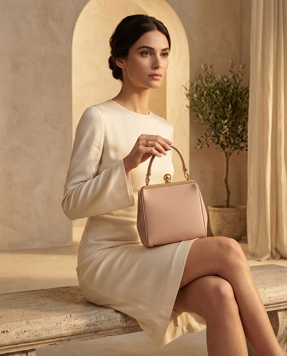 Model seated in golden light holding a blush mini top-handle bag