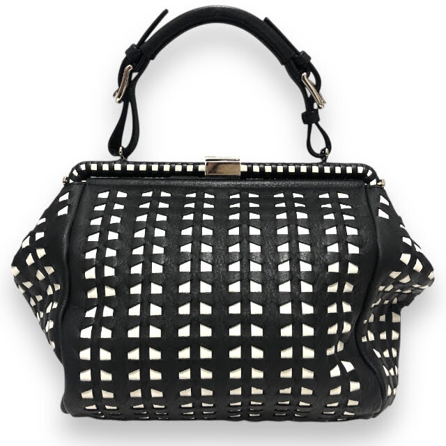 Front view of the black woven leather frame bag