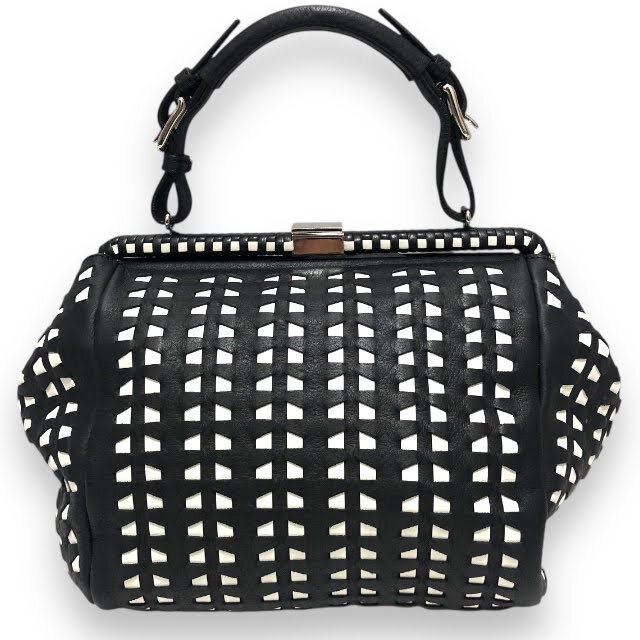 Black woven leather lattice frame bag with silver clasp