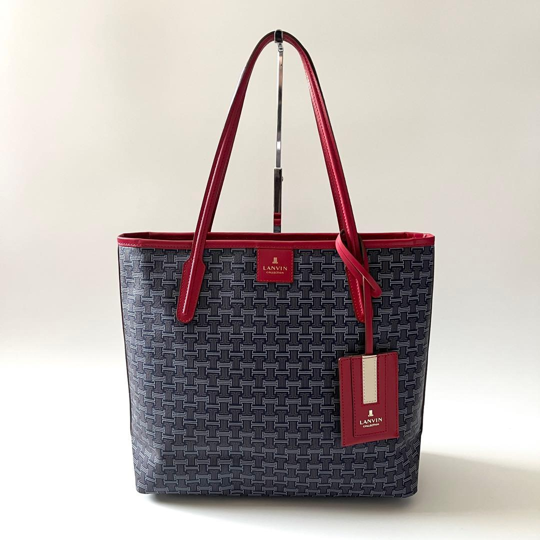 Navy woven Lanvin shopper tote with red leather handles