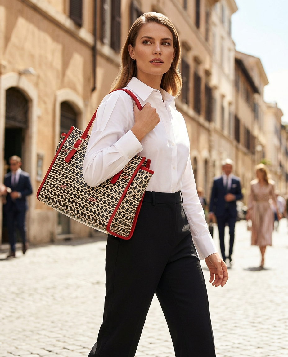 Model carrying a black and white graphic tote with red leather trim