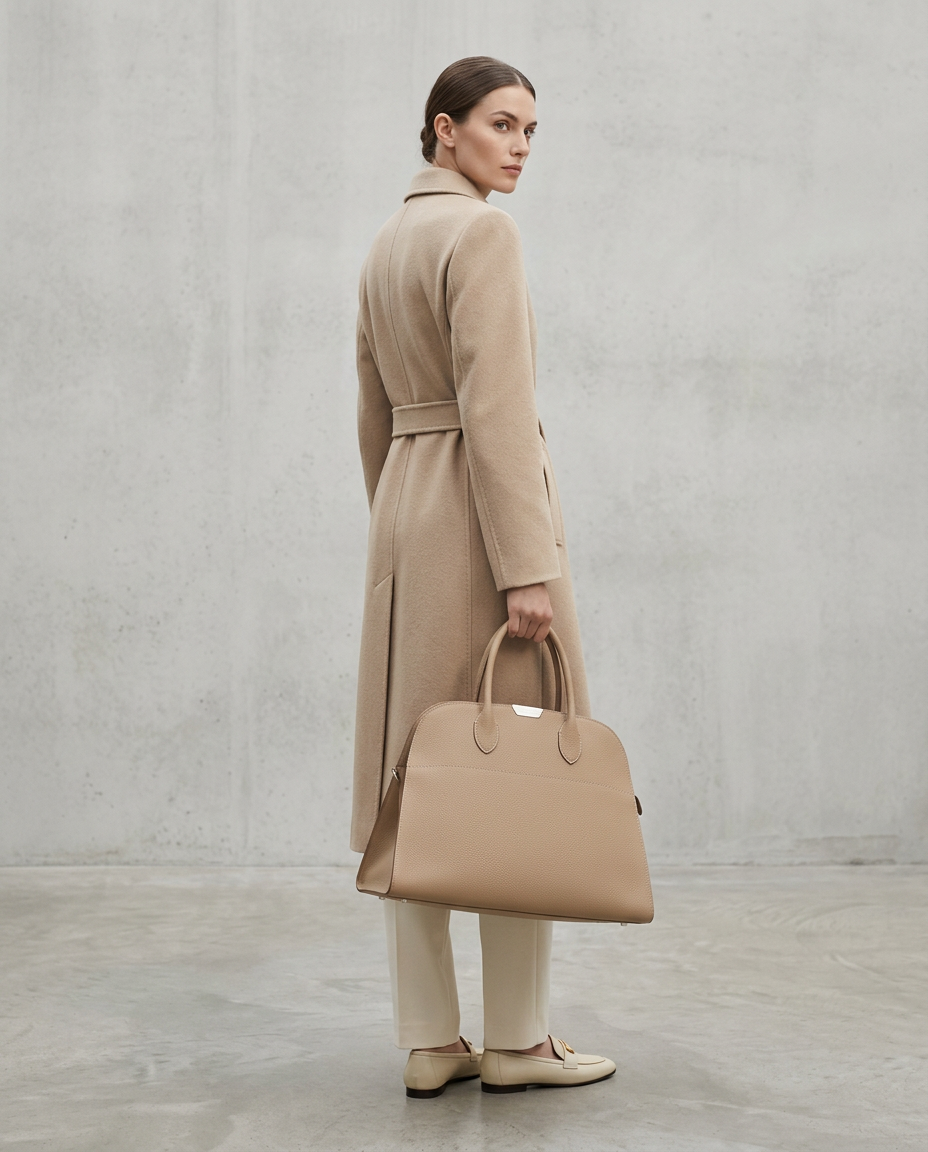 Model in a beige coat carrying the sand grained leather dome tote