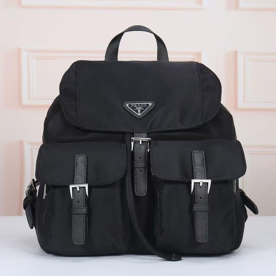 Black Prada nylon backpack with two front pockets