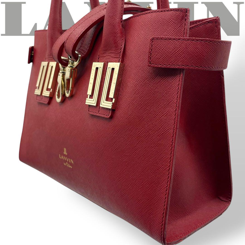 Red textured-leather Lanvin tote with gold JL handle plaques