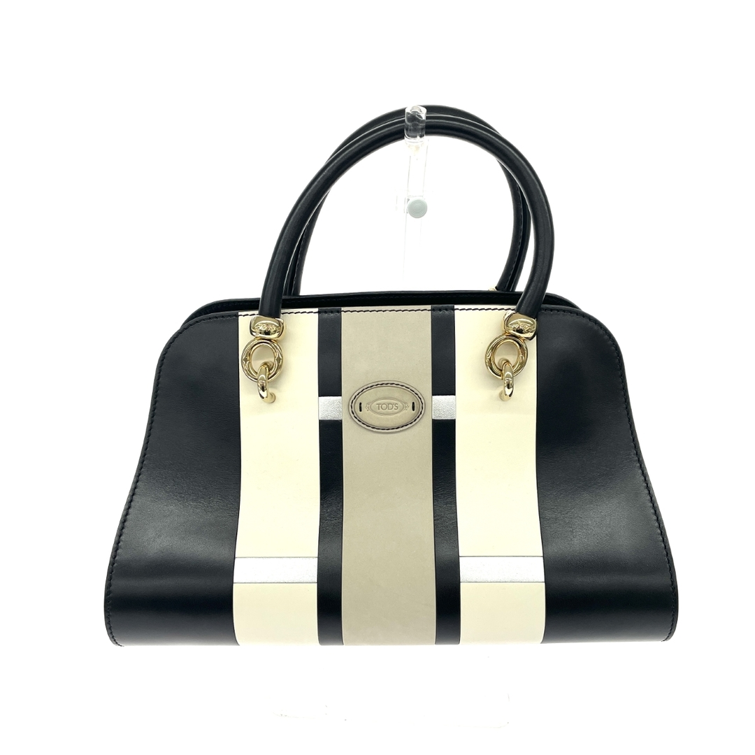 Black ivory and taupe striped Tod's top-handle bag