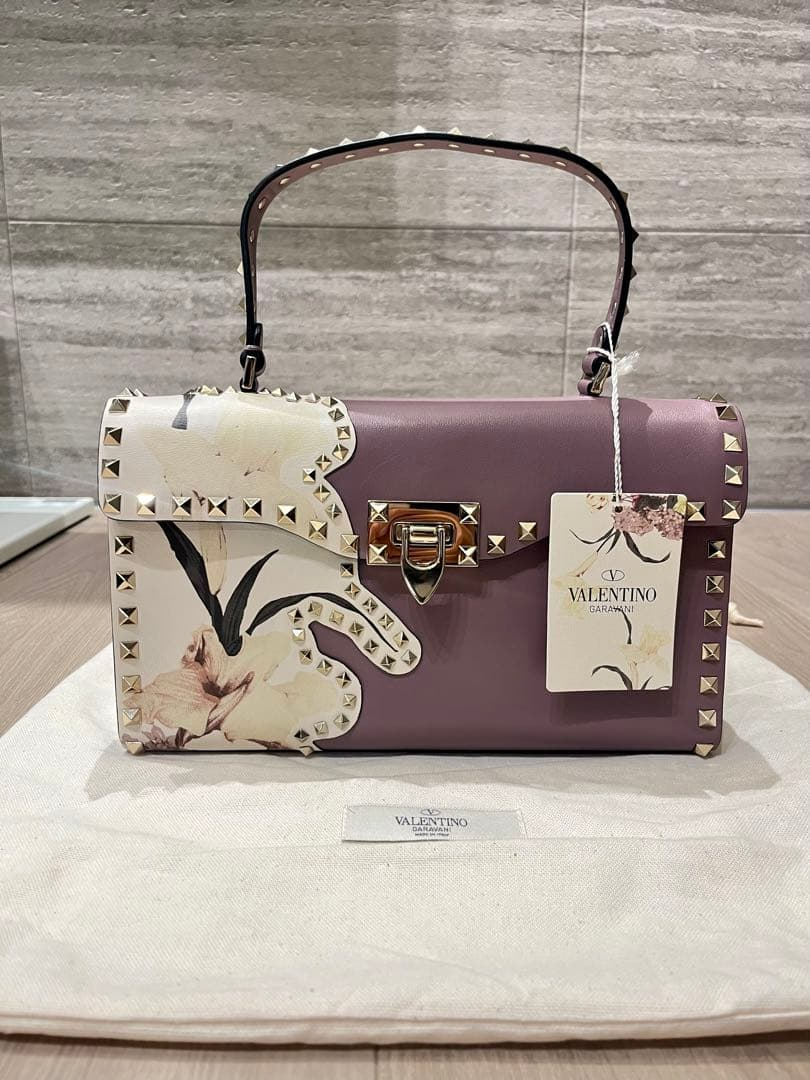 Mauve Valentino floral Rockstud top-handle bag