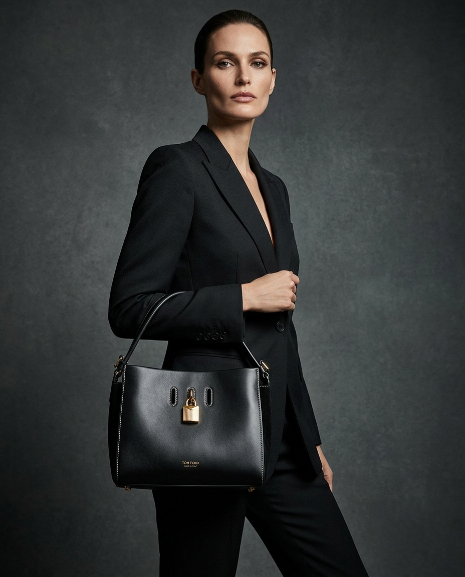 Model in a black tailored suit holding the black leather padlock top-handle bag