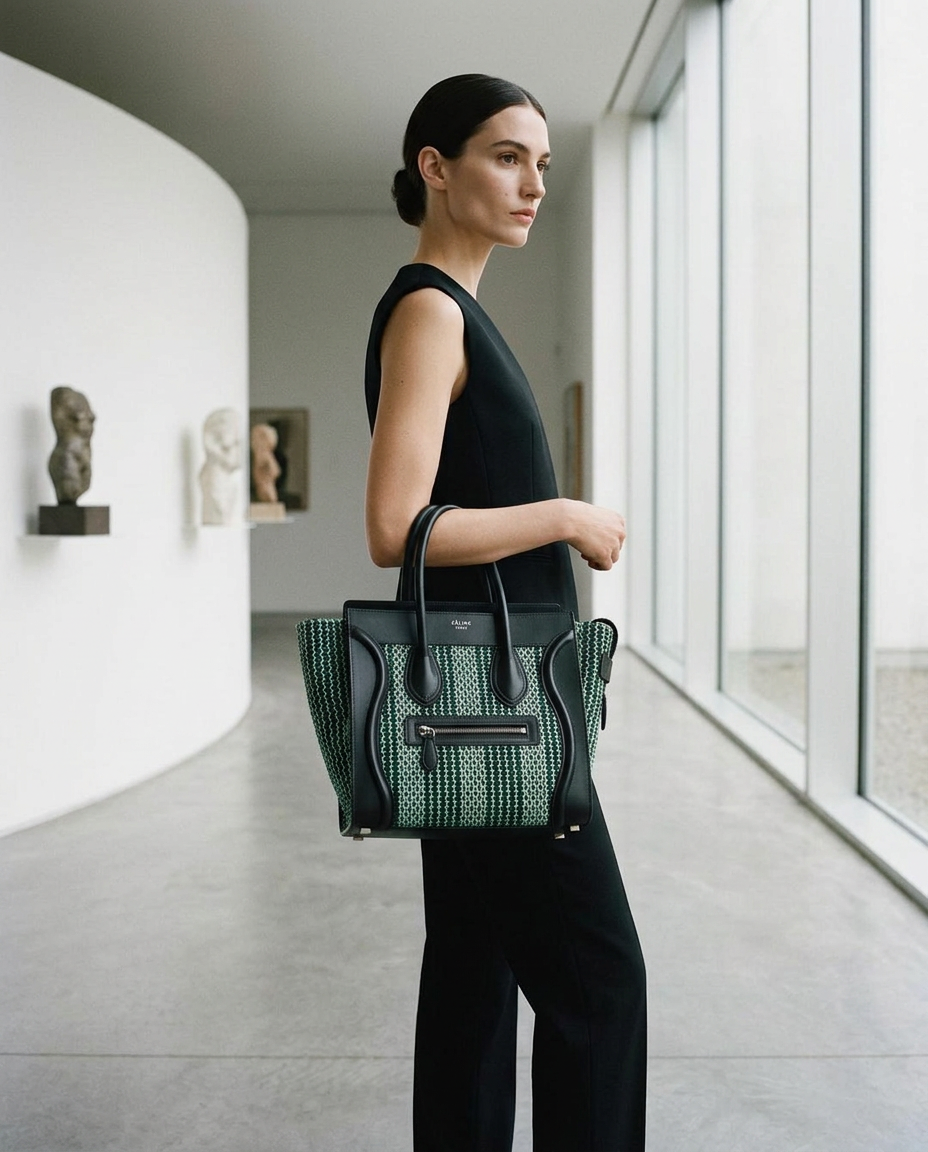 Model walking through a gallery carrying a woven emerald and black tote