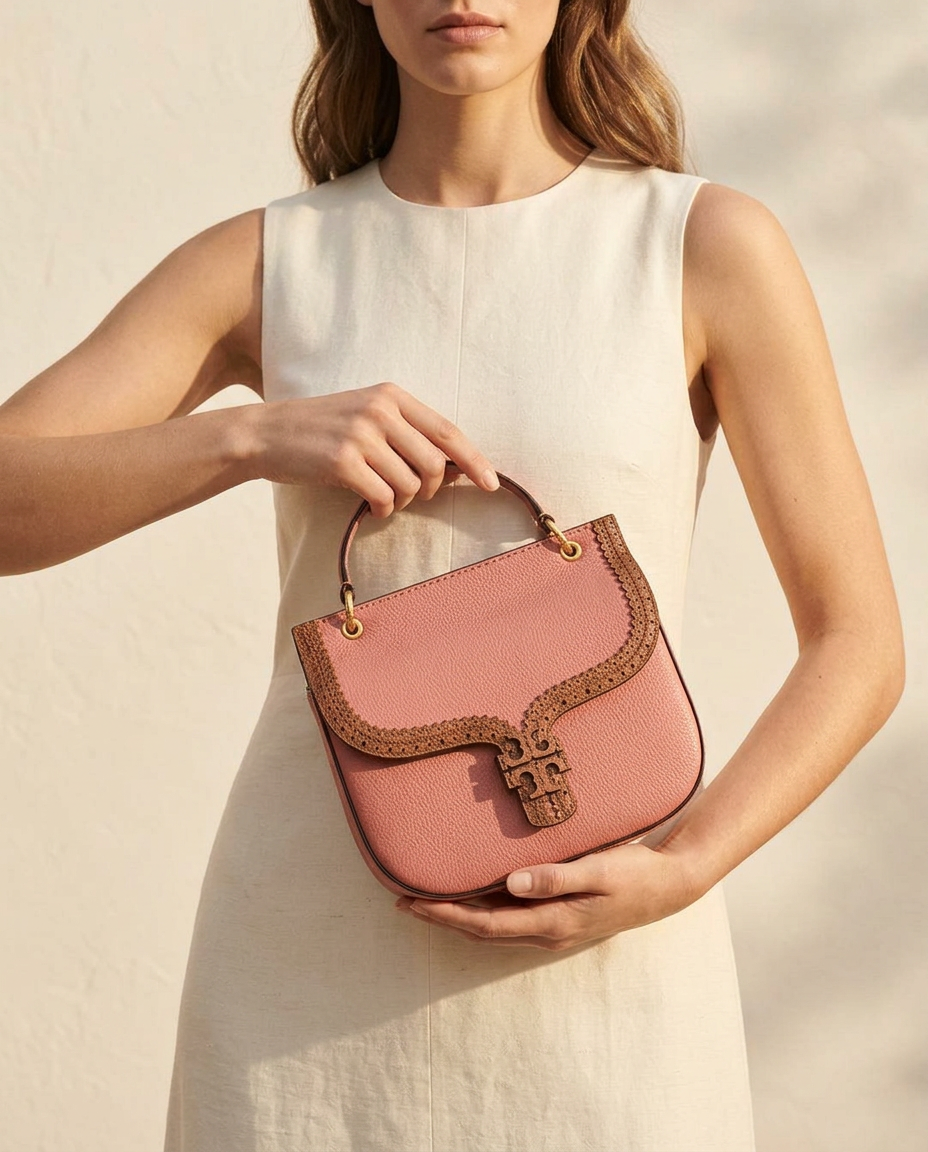 Model in a cream dress holding the rose leather laser-cut saddle bag