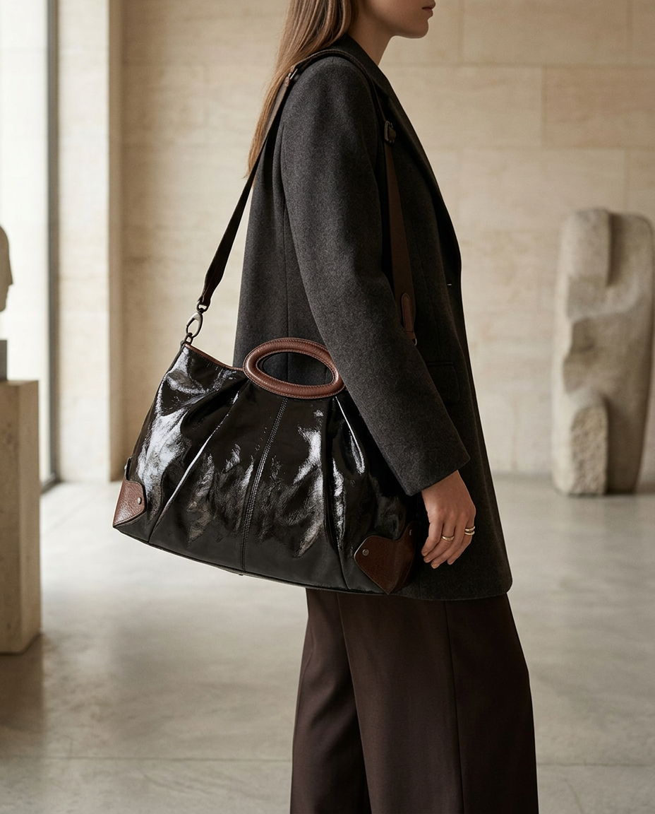 Model carrying the black patent pleated shoulder bag