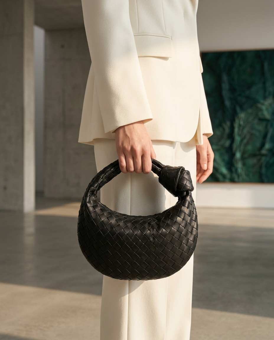 Model in an ivory suit carrying the black woven mini hobo