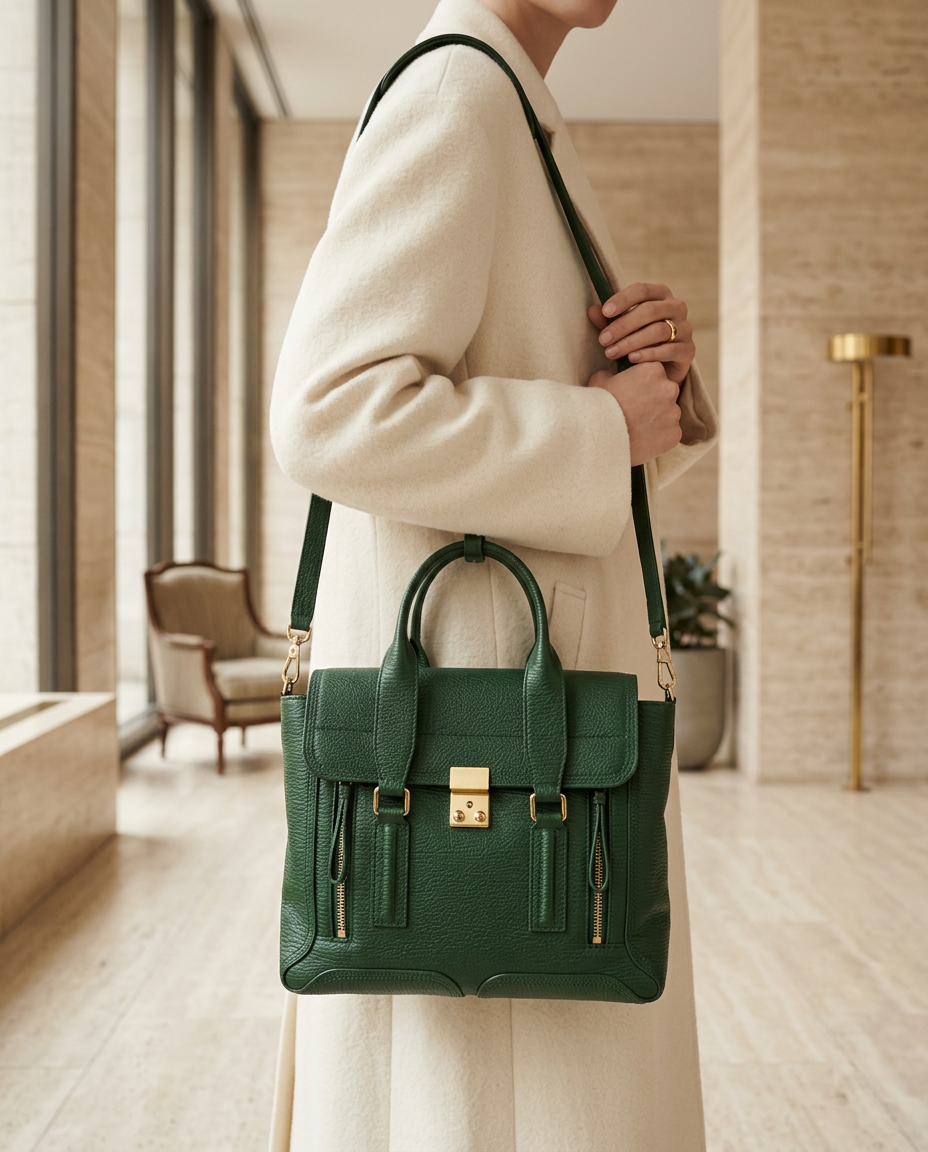 Model carrying the forest-green structured leather satchel