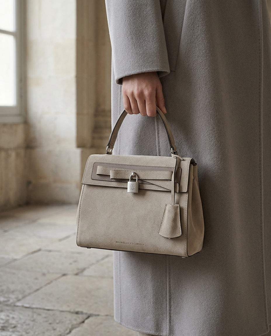 Model in a dove-grey coat carrying the stone suede padlock top-handle bag