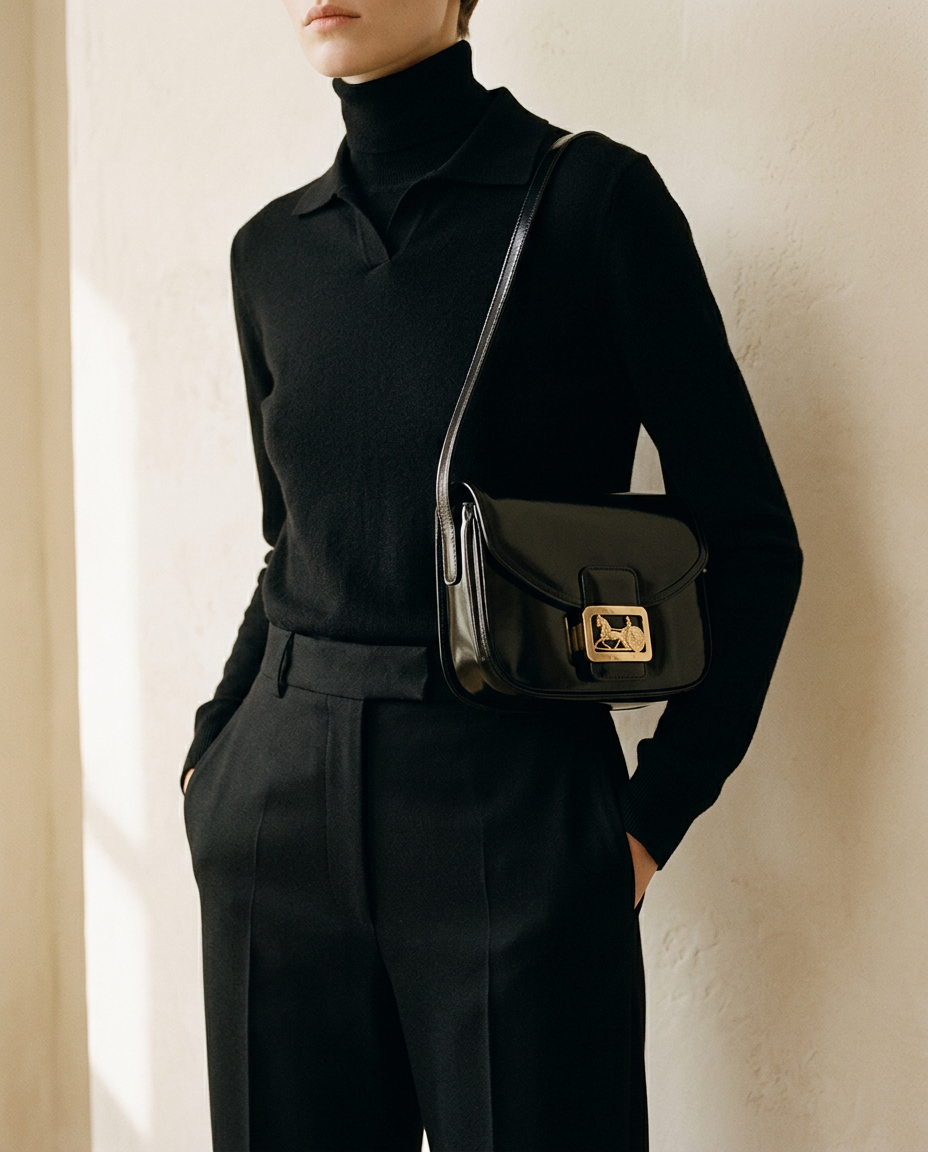 Model in black knitwear wearing the black patent flap shoulder bag