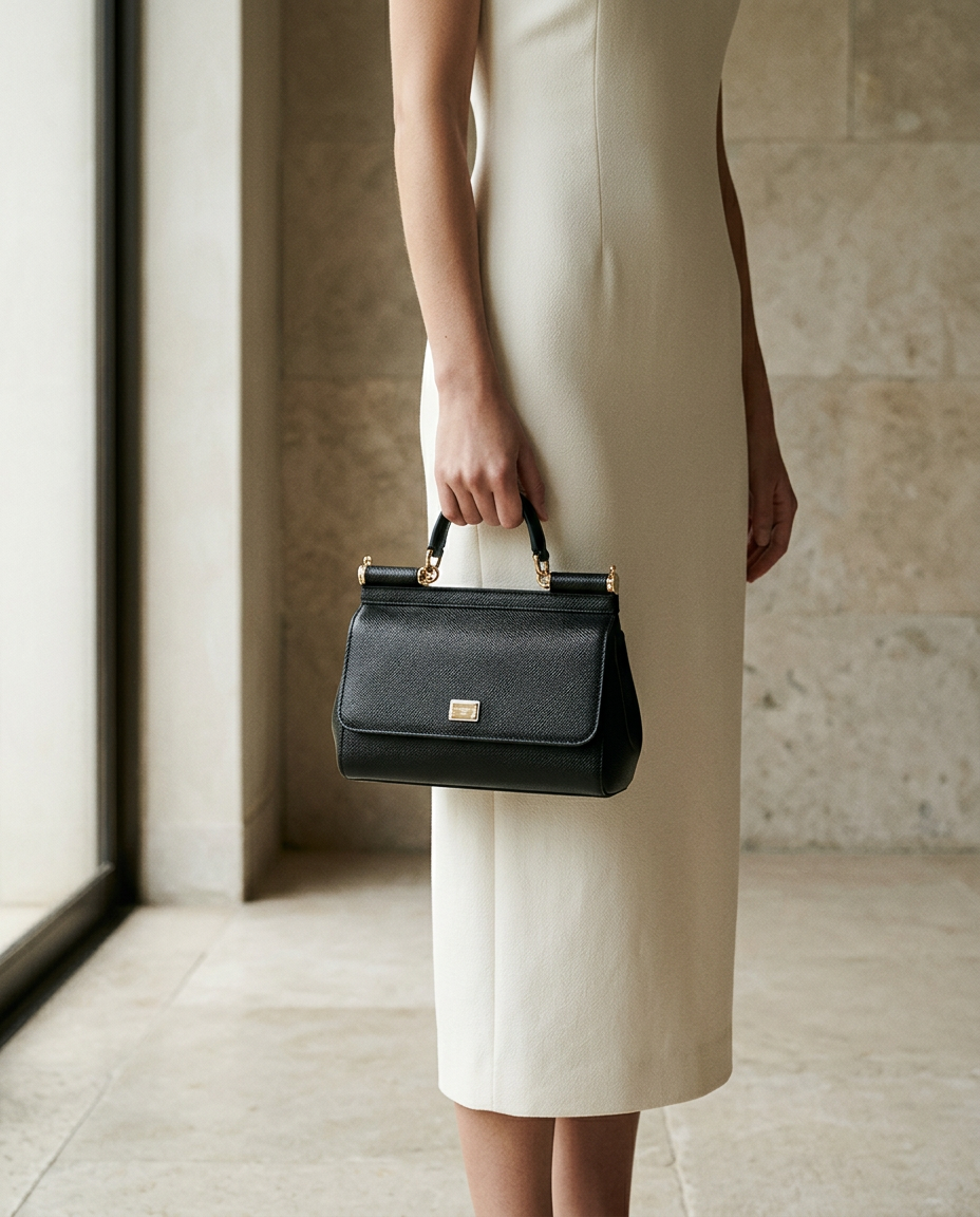 Model in an ivory dress carrying the black Dolce & Gabbana envelope top-handle bag