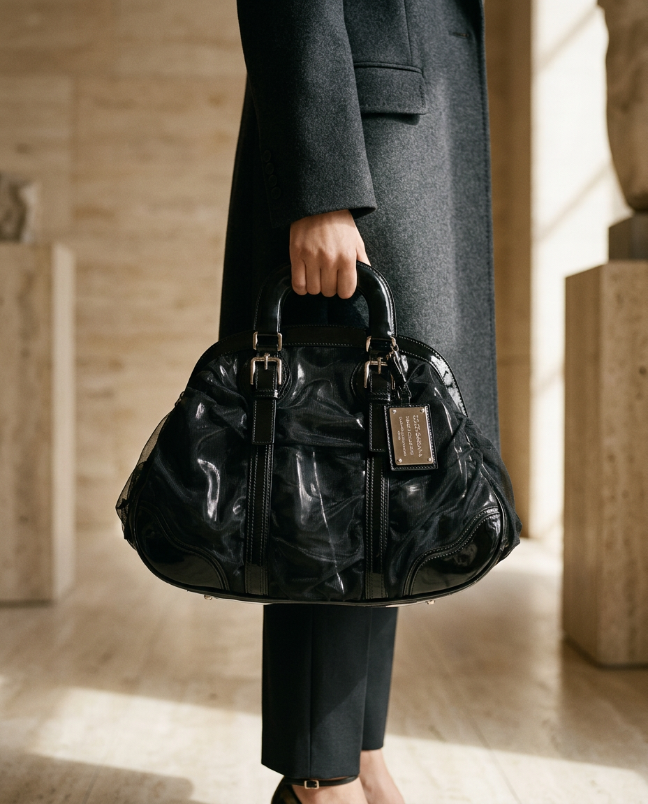 Model in a charcoal coat carrying the black Dolce & Gabbana patent mesh dome bag