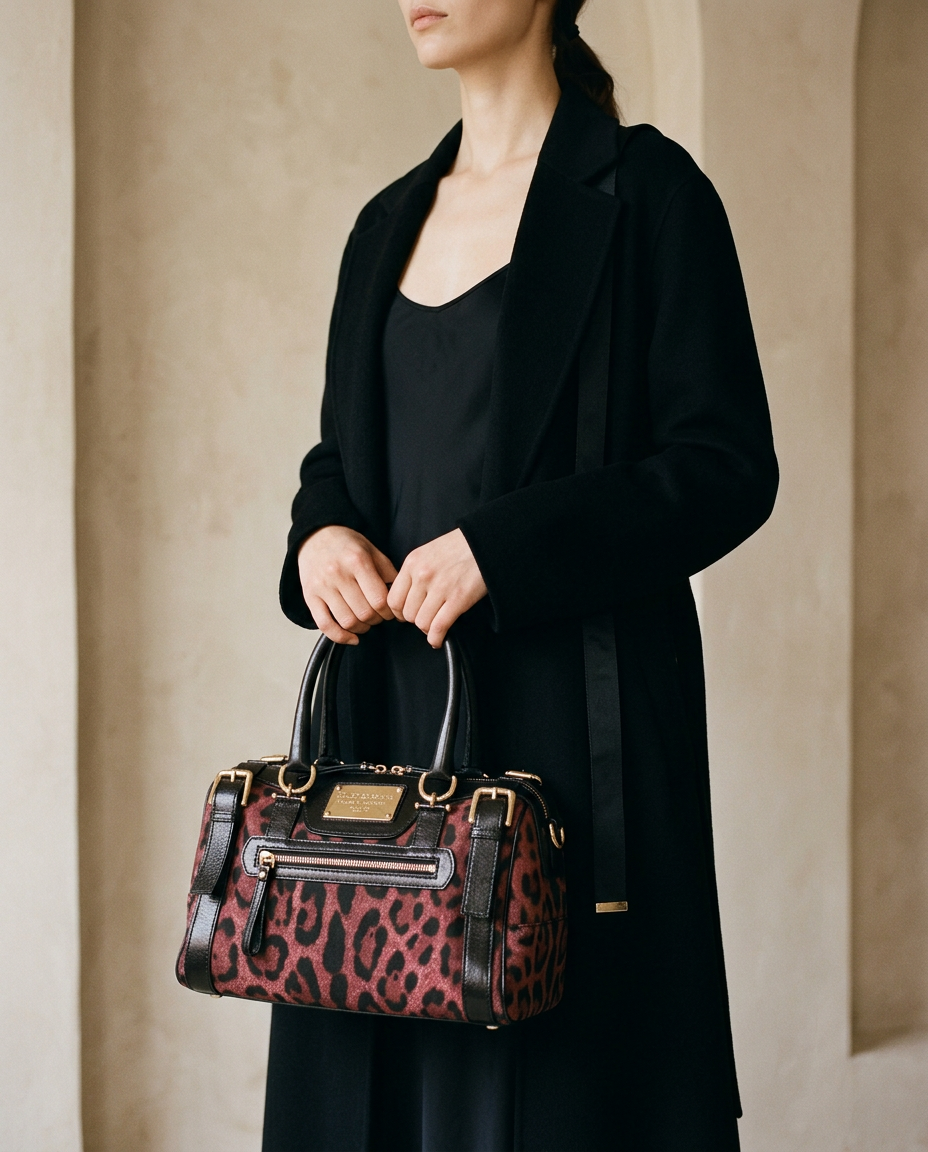 Model in a black coat holding the leopard-print boston bag by its top handles