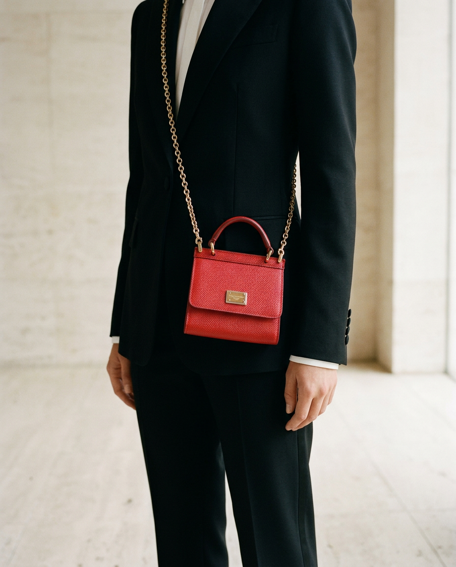 Model in a black suit wearing the red Dolce & Gabbana mini chain bag