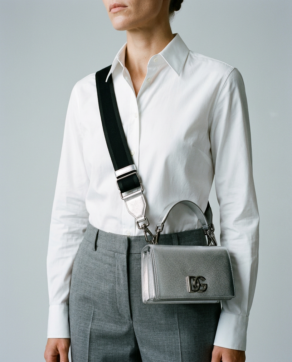 Model in a white shirt wearing the silver metallic mini flap crossbody