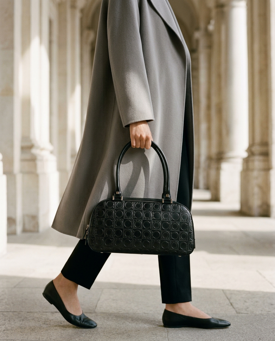 Model in a grey coat carrying the black Ferragamo monogram dome bag