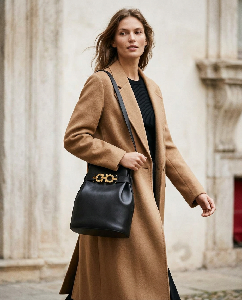 Model in a camel coat wearing the black horsebit bucket bag crossbody