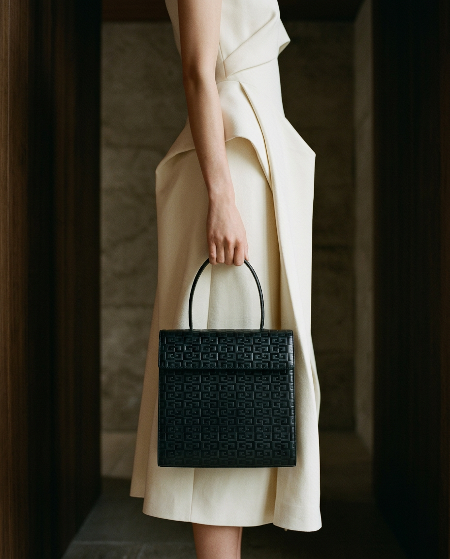 Model in an ivory dress carrying the black Givenchy 4G top-handle bag