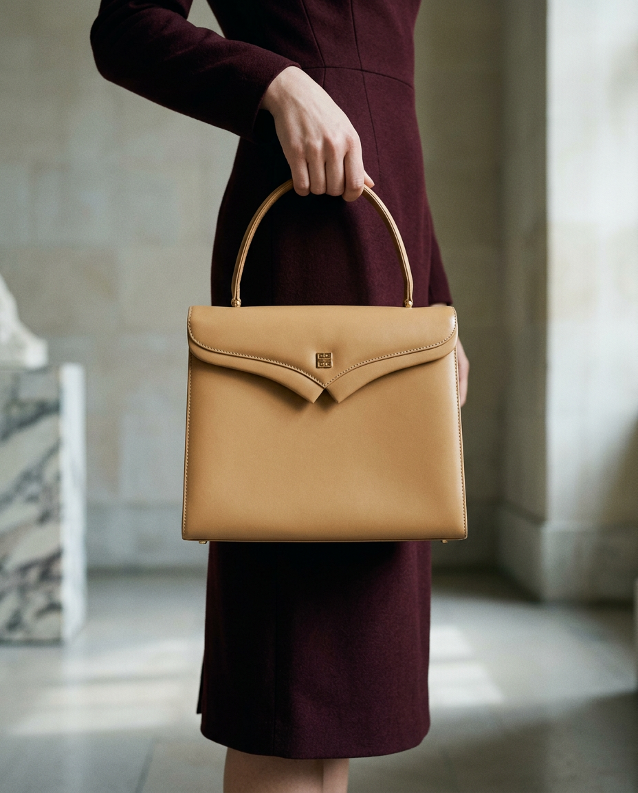 Model in a burgundy dress carrying the tan Givenchy envelope top-handle bag