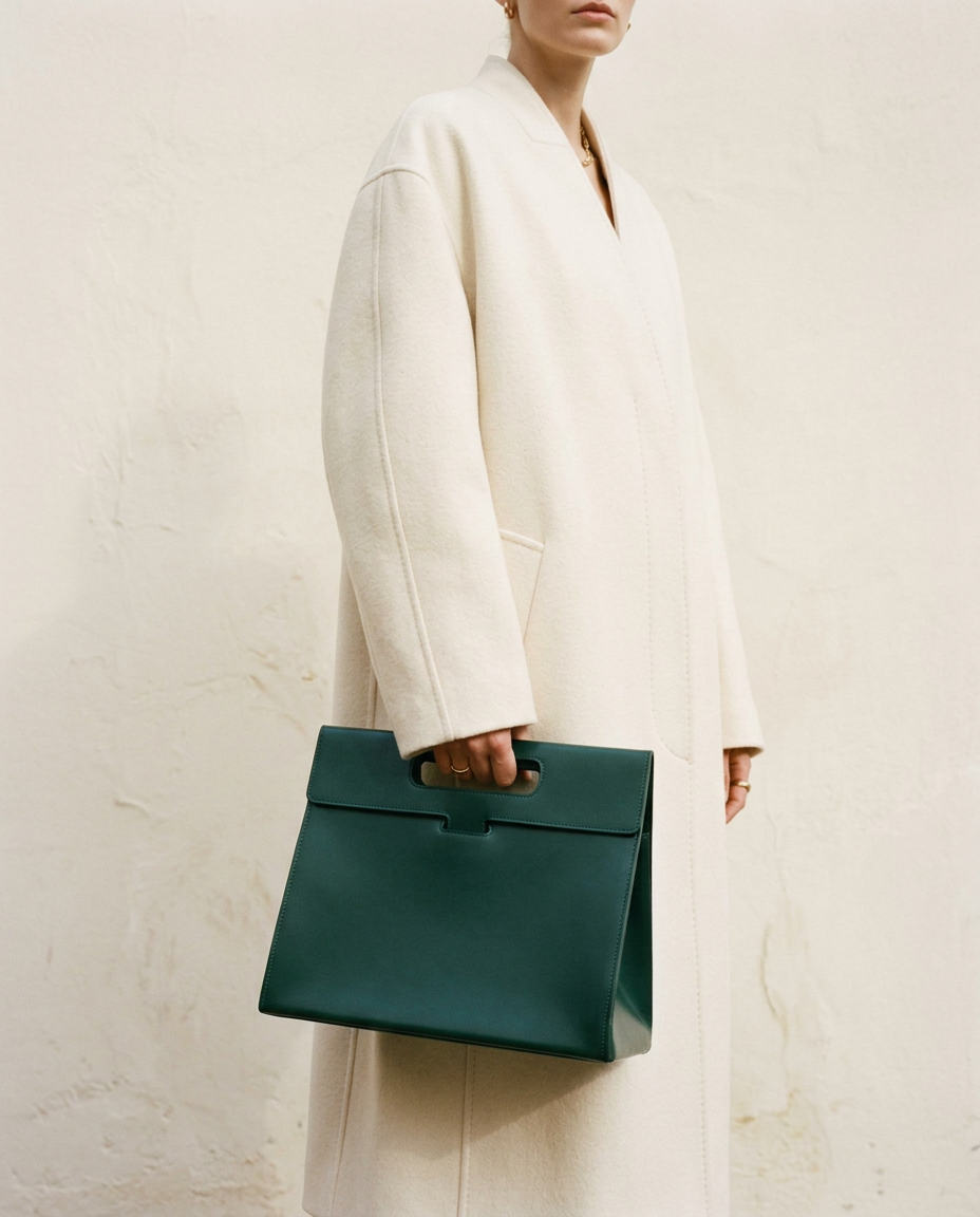 Model in a cream coat holding the forest green cut-out handle tote