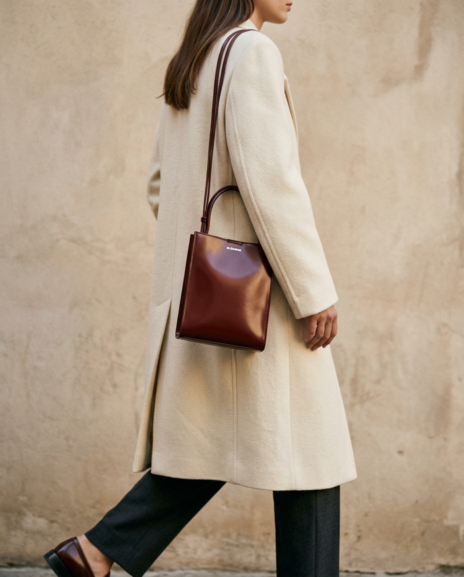 Model in a cream coat carrying the bordeaux patent mini tote on the shoulder