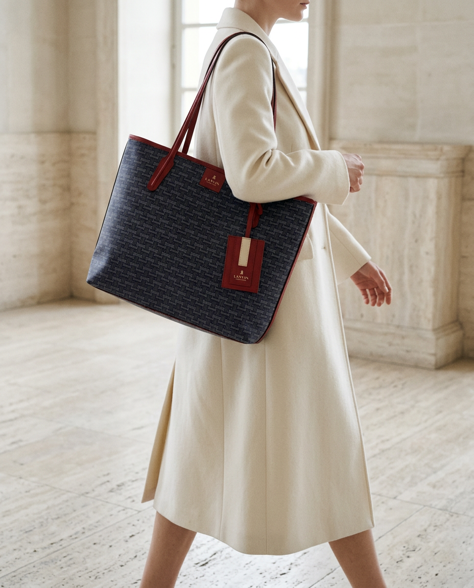 Model in an ivory coat carrying the navy and red Lanvin shopper tote