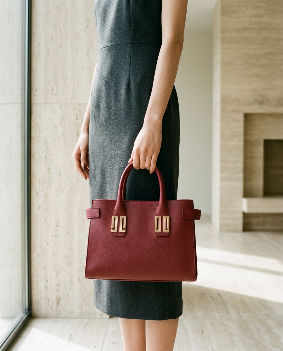 Model in a charcoal dress carrying the red Lanvin JL tote