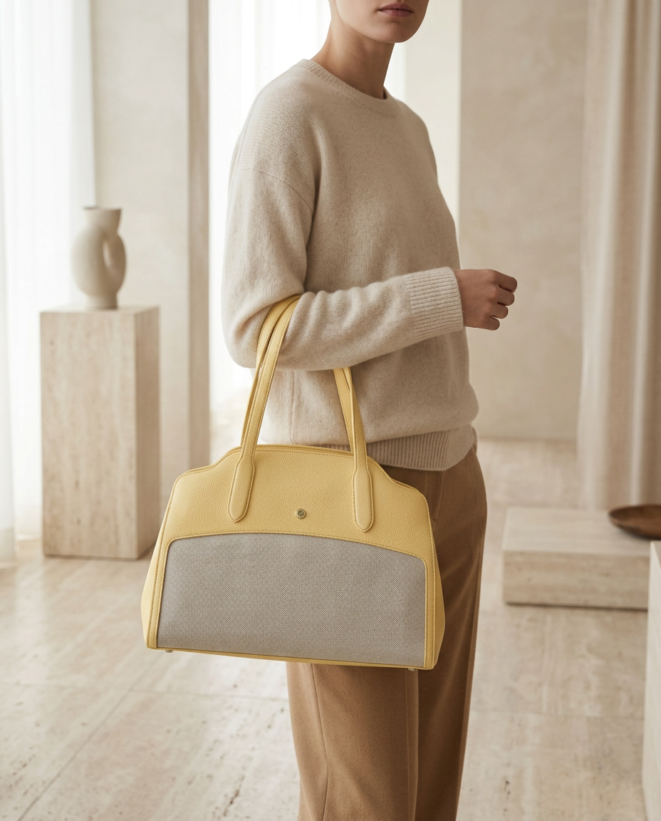 Model carrying the yellow and natural canvas Loro Piana tote