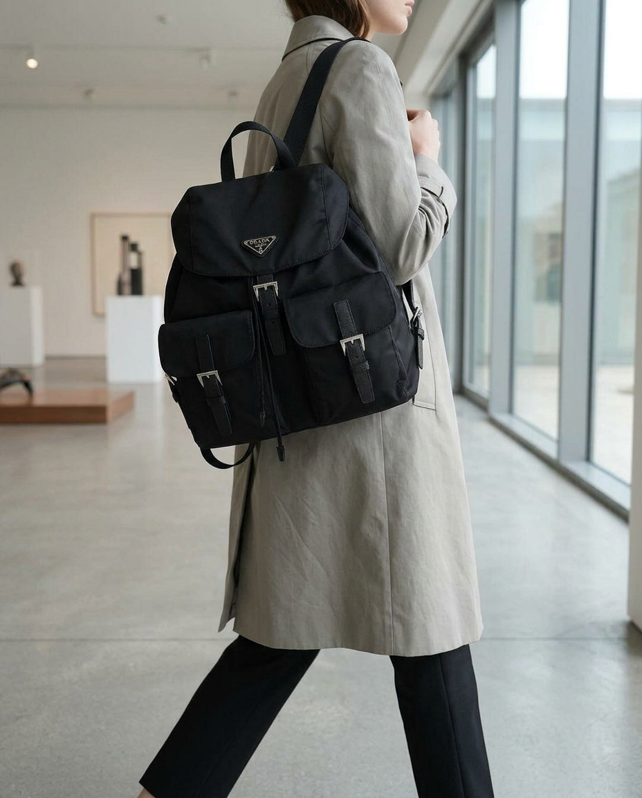 Model wearing the black Prada nylon backpack
