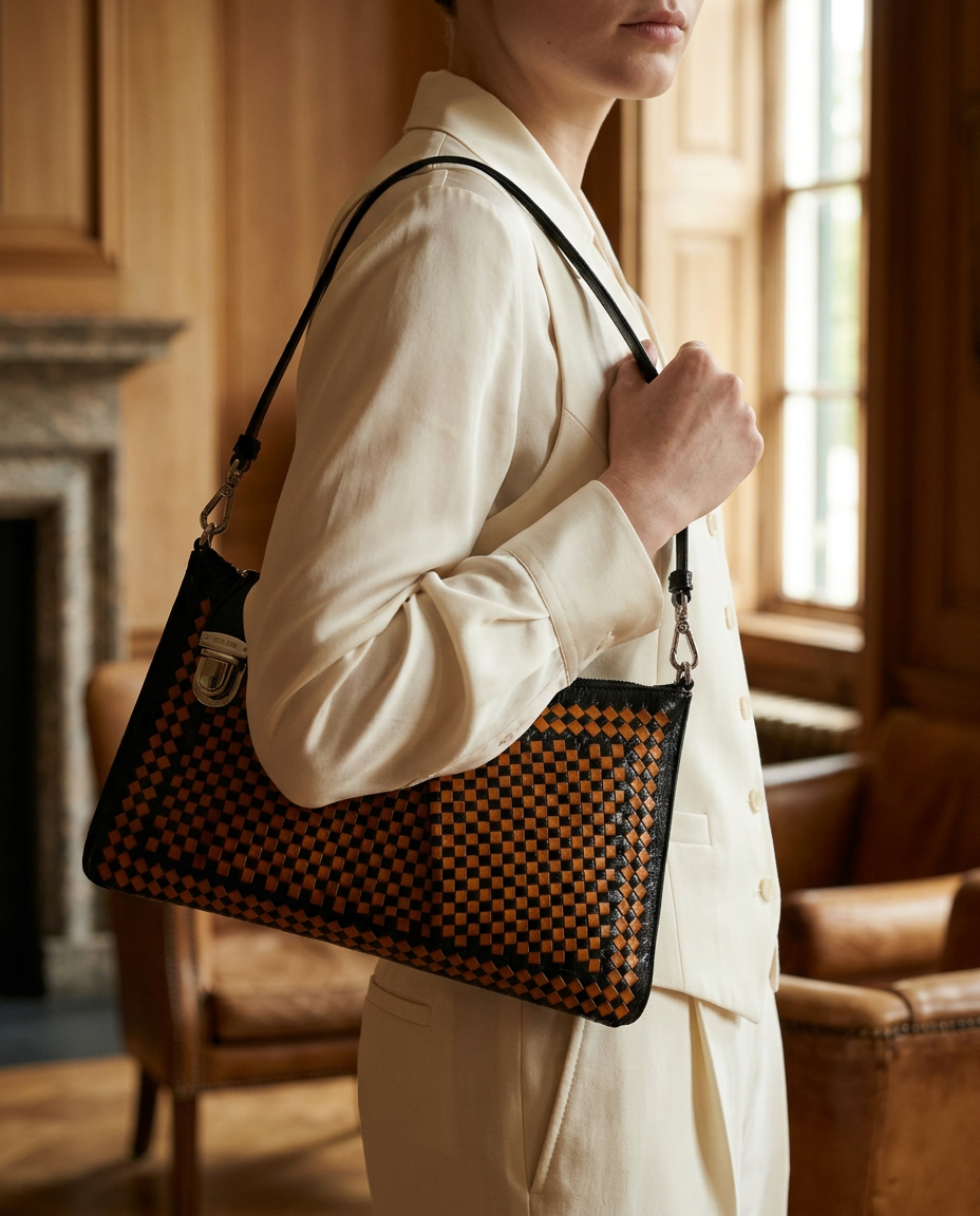 Model carrying the black and tan woven Prada shoulder bag