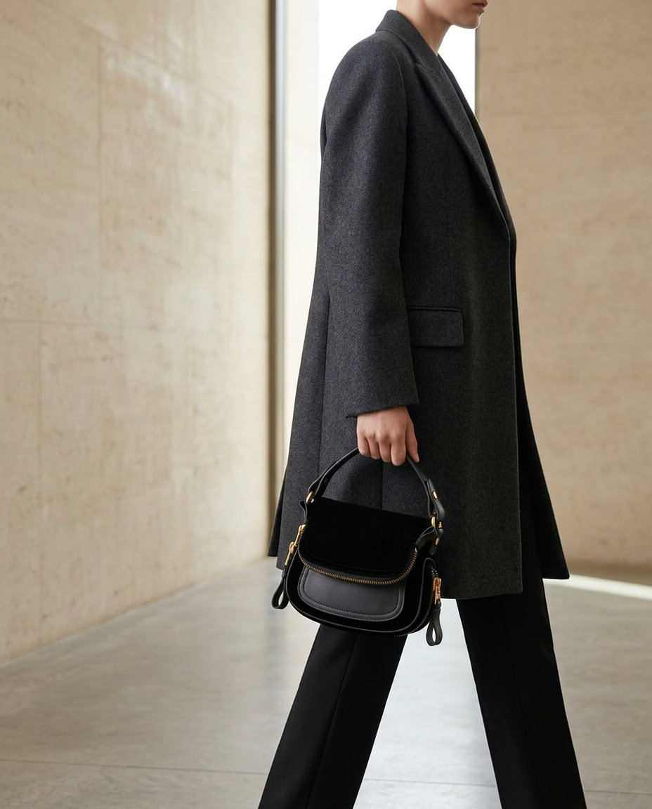 Model carrying the black Tom Ford velvet saddle bag
