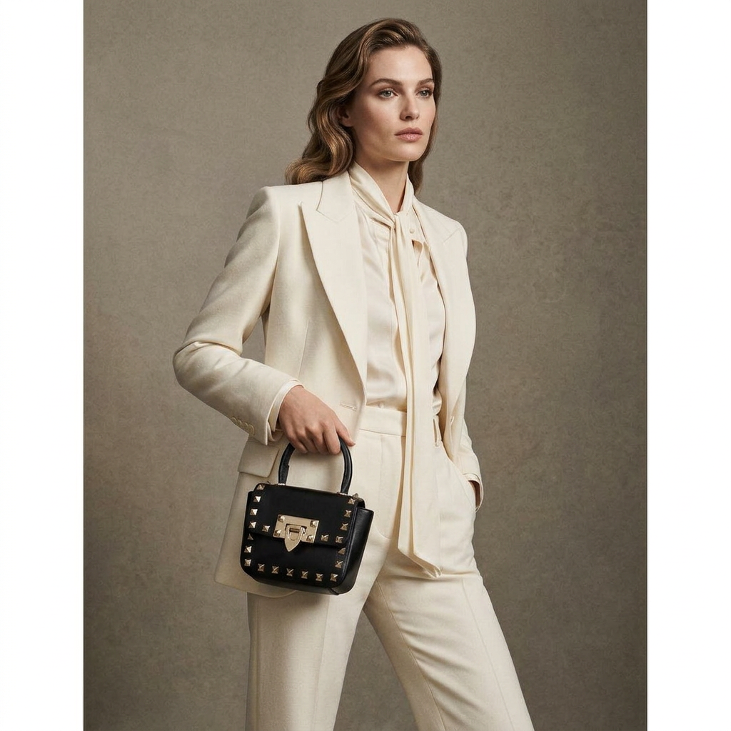Model in an ivory suit holding the black studded mini top-handle bag