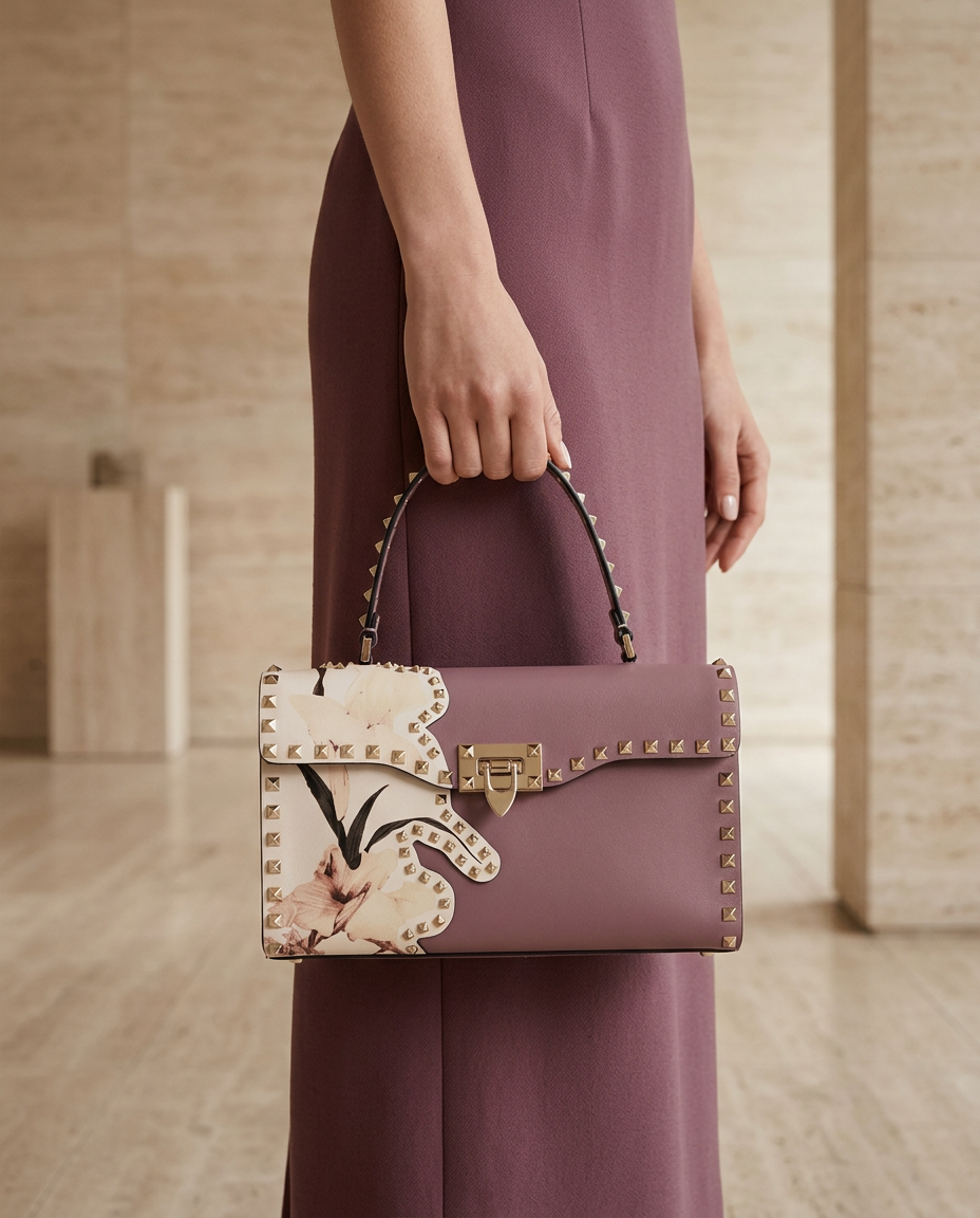 Model carrying the mauve Valentino floral Rockstud bag