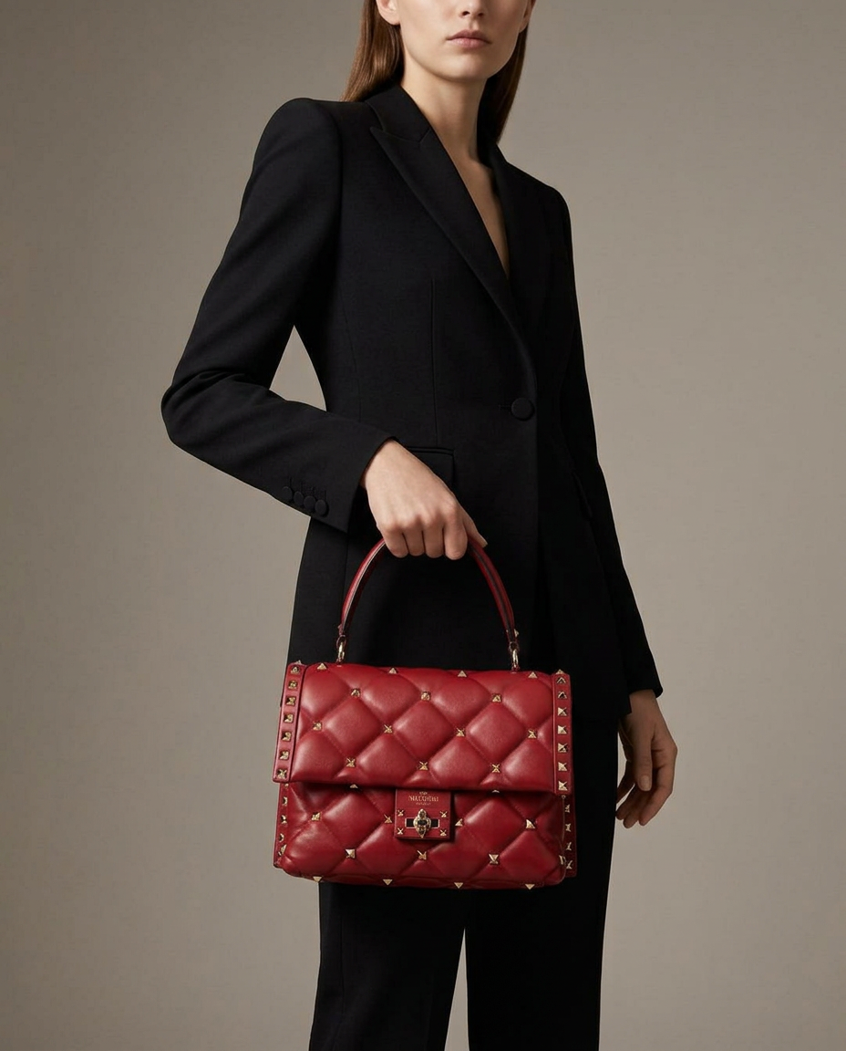 Model in a black suit holding the red studded quilted top-handle bag