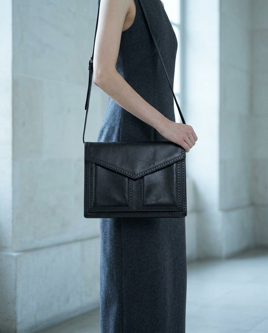 Model wearing the black Yves Saint Laurent perforated envelope bag