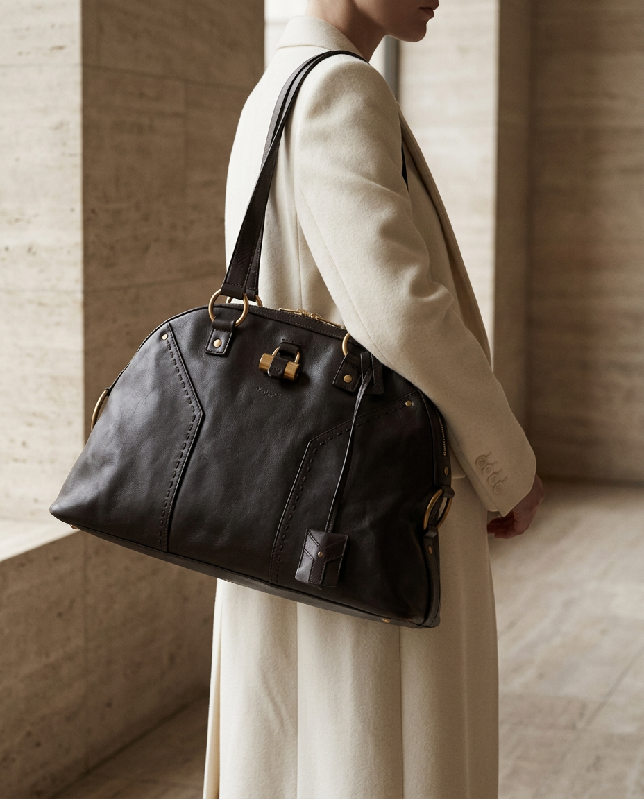 Model carrying the dark brown Yves Saint Laurent Muse bag