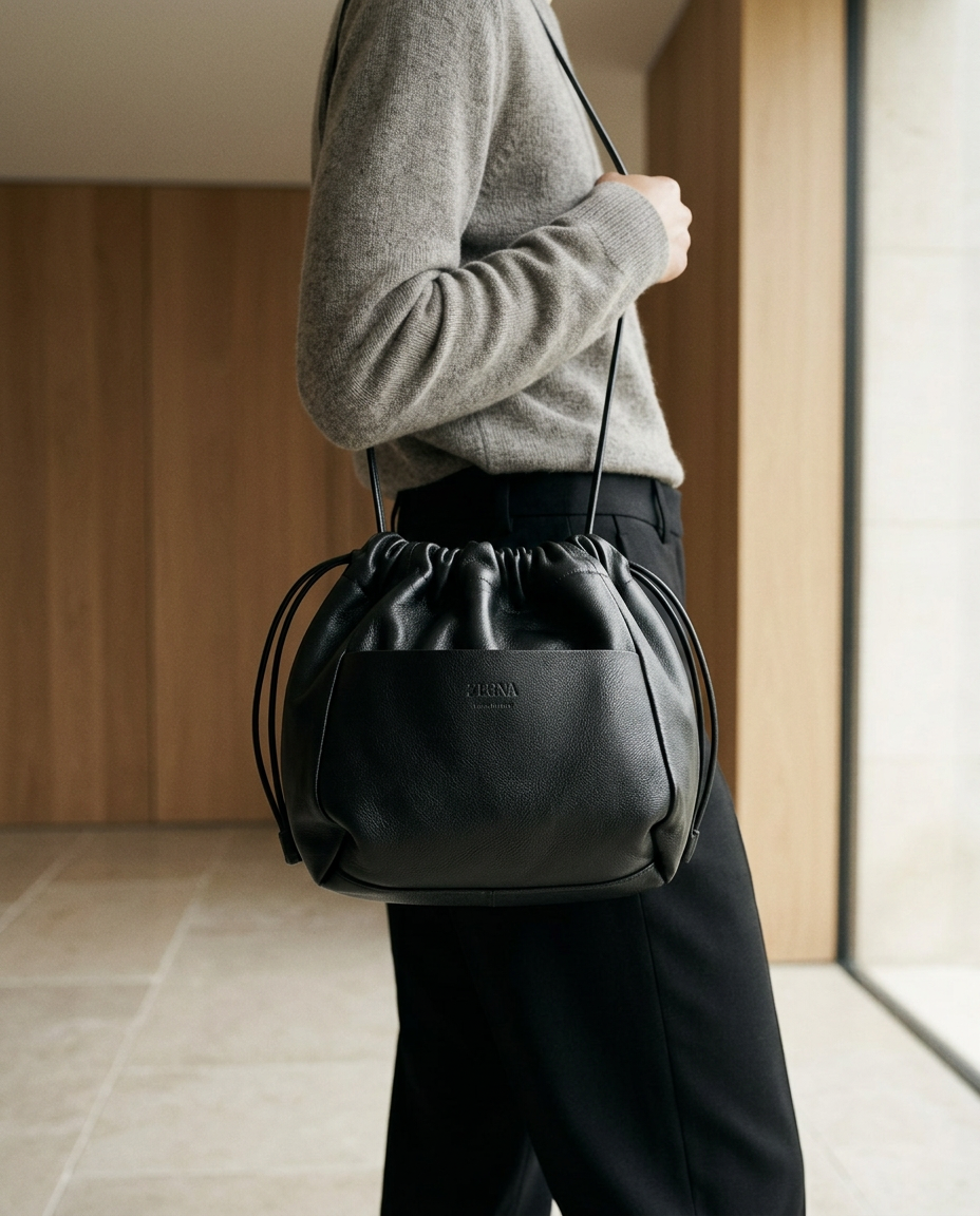 Model in grey knitwear carrying the black Zegna drawstring bucket bag